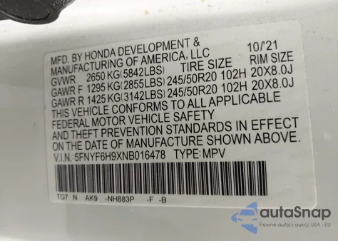 2022 Honda Pilot Awd Touring 8 Passenger from USA, damaged, VIN 5FNYF6H9XNB016478